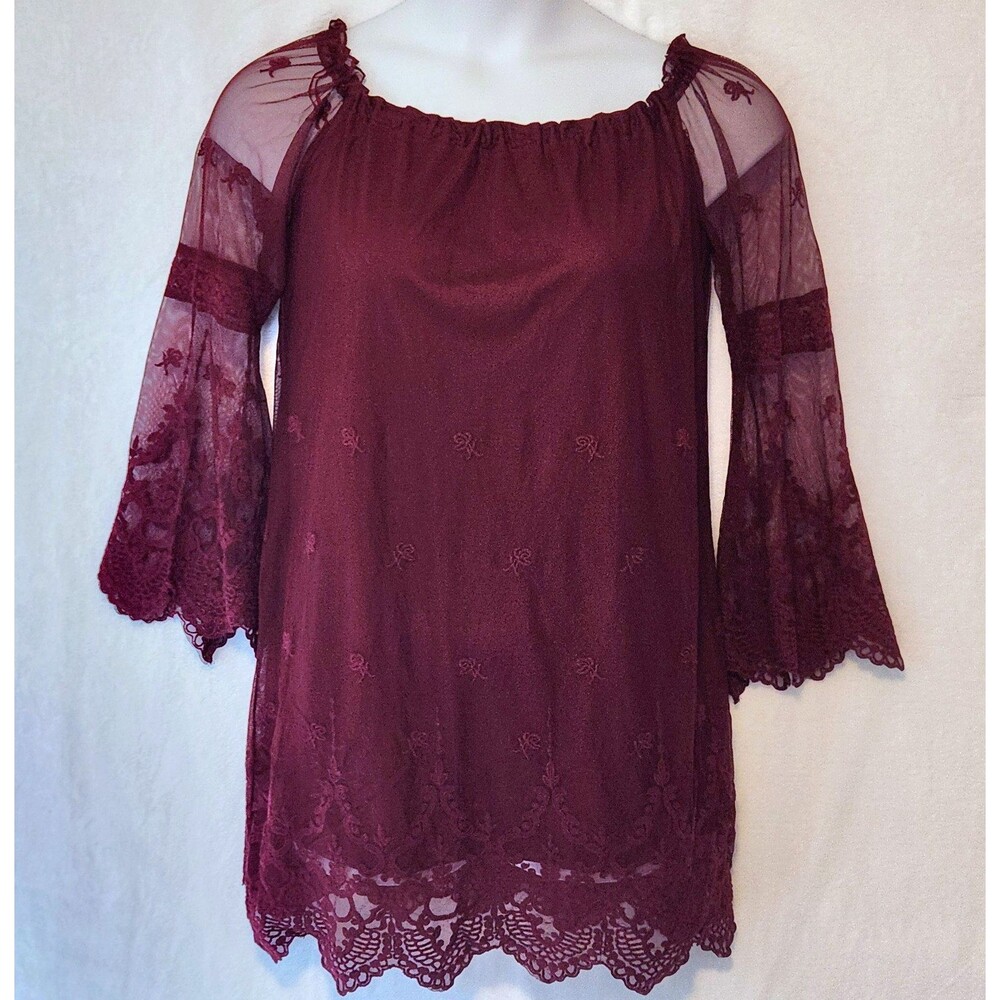 Roxberi Women's Sz L Lace Bell Sleeve Burgundy Shift Dress Coquette Whimsygoth